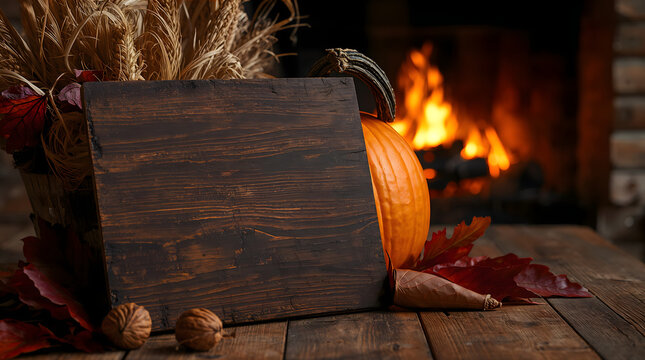 Blank thanksgiving menu board leaning against pumpkin creates warm and bountiful harvest dinner atmosphere generative AI