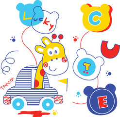 Fototapeta premium Funny cartoon giraffe driving a colorful open-top car on a road trip, fun active vehicle vector for boys clothing