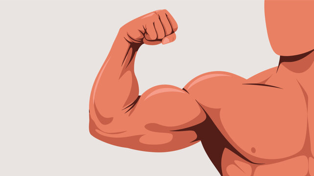 Close-up of a flexed muscular male bicep showing strength and physical fitness on a neutral gray background for health concepts.