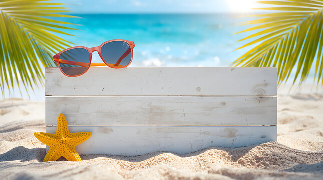 Blank whitewashed summer sign lying on sandy beach creates joyful and vibrant vacation mood generative AI