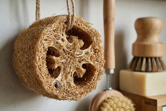 Close-up of natural luffa sponge showing fibrous texture for zero waste cleaning