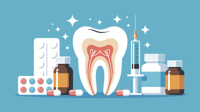 Detailed illustration of a tooth cross-section surrounded by dental care items including syringes pills and medicine bottles.