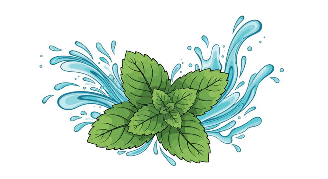 Fresh green mint leaves with blue water splash, peppermint herb vector illustration, refreshing menthol cooling effect for beverage packaging isolated PNG with Transparent Background