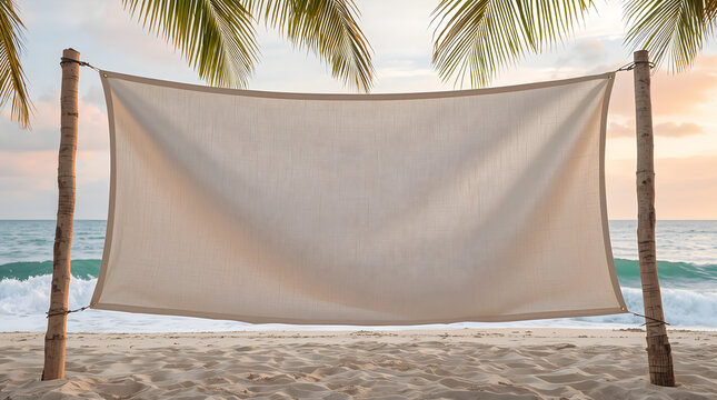 Blank canvas banner stretched between birch poles creates relaxed and serene tropical coastal atmosphere generative AI