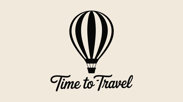 Silhouette of a striped hot air balloon with the elegant script text time to travel on a cream colored background.