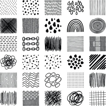 Collection of hand drawn abstract geometric patterns and textures set in black and white ink sketch style with abstract geometric background collection scribble minimalist