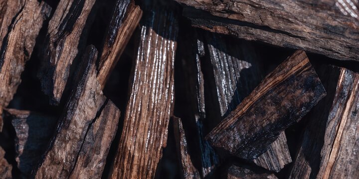 Extreme macro close up of raw agarwood oud chips filling entire frame dark resinous wood texture deep brown and black tones