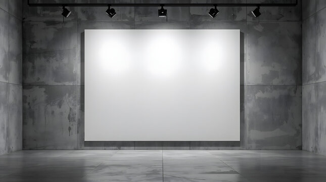 Blank white gallery canvas hanging on concrete wall creates powerful and contemporary art atmosphere generative AI