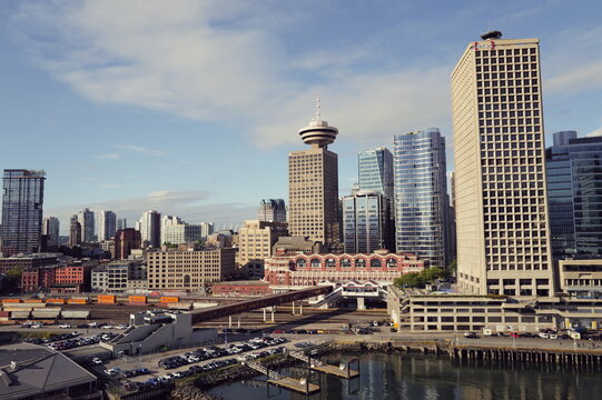 downtown city of Vancouver, Canada, aerial water view perspective