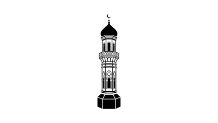 Obraz premium Decorative mosque minaret illustration, monochrome vector design, isolated on white background minimal design and icon