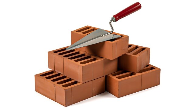 Bricklaying trowel with stacked clay bricks representing masonry construction and building materials