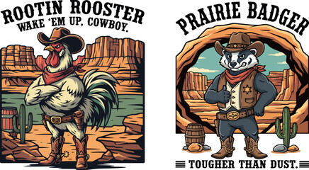 Fototapeta premium Western Animal Mascot Bundle Rooster and Badger Cowboy Vector T Shirt Design Set