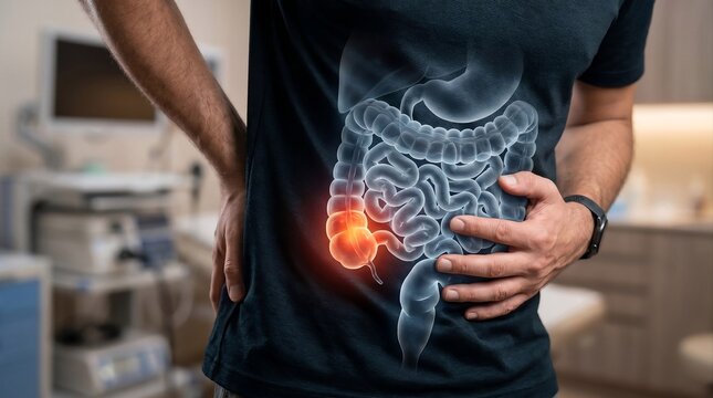 Man suffering from appendicitis with inflamed appendix anatomy overlay and abdominal pain