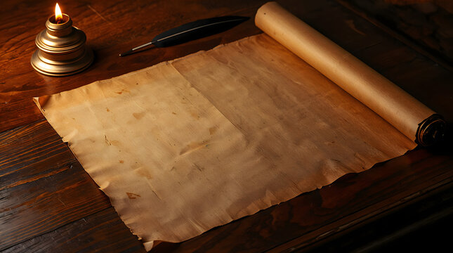 Blank parchment scroll lying on mahogany desk creates historical and mysterious intellectual library atmosphere generative AI