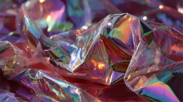 Iridescent cellophane texture, crinkled transparent film, colorful light refraction, party wrapping material background