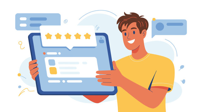 Smiling young man in a yellow shirt holding a tablet computer displaying a five star customer review rating and feedback.