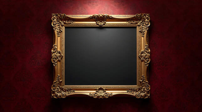 Antique ornate gold frame hanging on crimson wallpaper creates luxurious and dramatic museum atmosphere generative AI