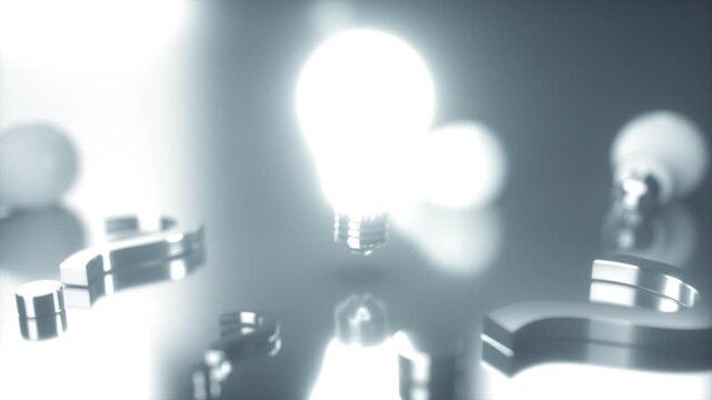 Glowing Light Bulb Surrounded by Question Marks Symbol of Innovation, Curiosity, and Creativity in Bright and Dark Contrast, Inspiring Ideas and Solutions in Monochromatic Atmosphere