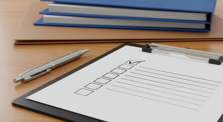 Naklejka premium Checklist on Clipboard with Pen and Folders on Office Desk for Business Organization and Task Management