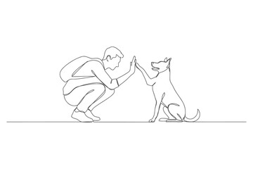 Fototapeta premium Minimalist line art drawing of a man giving a high five to dog