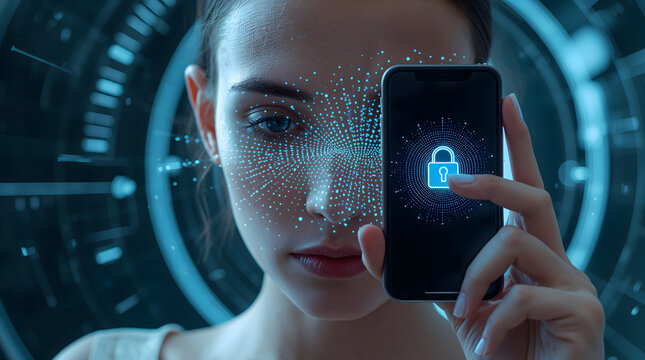 Smartphone scanning face via laser grid for payment creates precise and secure digital authentication atmosphere generative AI