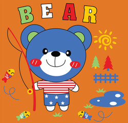 Cute cartoon bear catching little fishes with a fishing rod, happy summer holiday vector illustration for children