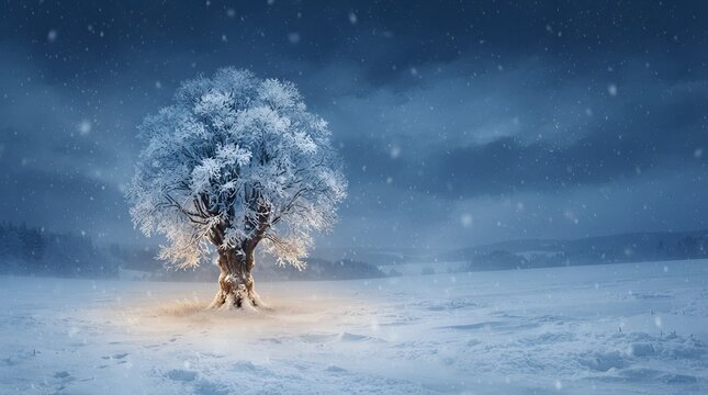 A solitary leafless tree covered in frost stands in a vast snowy field during a cold winter snowfall under a dark dramatic cloudy sky