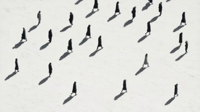 Overhead view of multiple people walking on bright white surface casting long shadows with one individual walking in opposite direction in sparse formation