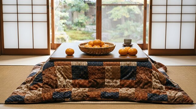 A traditional japanese kotatsu table with a patchwork quilt, topped with a bowl of fresh oranges, in a room with tatami mats and shoji doors