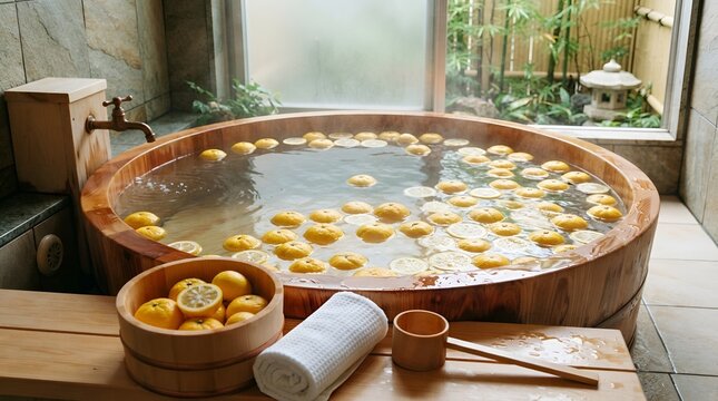 A traditional japanese wooden hot spring bath filled with hot water and floating yuzu citrus fruits with a wooden bucket and towel on the side