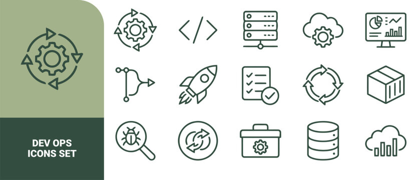 Dev ops icons set featuring outline symbols for software development, cloud computing, server infrastructure, automation, and data analysis processes