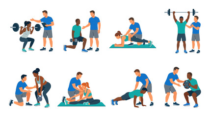 Fototapeta premium Personal trainers assisting diverse people with various fitness exercises.