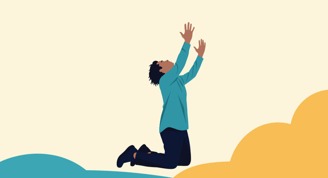 African american man kneeling on the floor with his hands raised up in a gesture of worship, faith, and spiritual devotion.