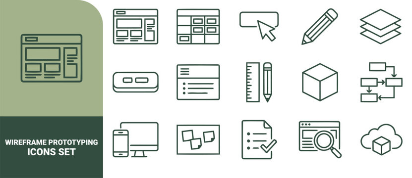 Set of dark green line icons for wireframe and web prototyping, featuring website layouts, ui tools, flowcharts, and digital device symbols