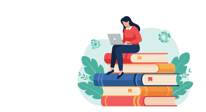 Young woman sitting on a high stack of colorful books while working on her laptop representing modern education and research.