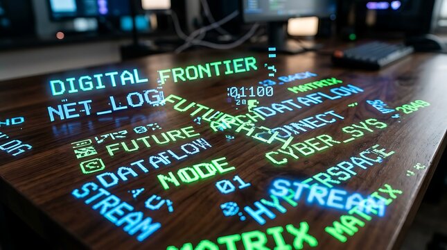Digital words on a wooden table.