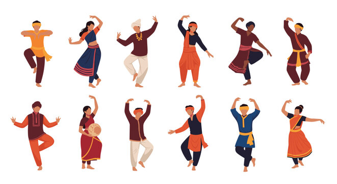 Large set of diverse indian men and women performing traditional folk dances in colorful ethnic costumes on white background.