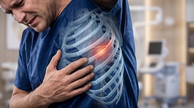 Man suffering from intercostal neuralgia with inflamed intercostal nerve anatomy overlay and rib pain