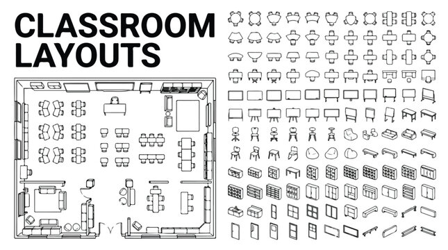 Classroom layouts floor plan kit, school furniture top view icons, educational interior design vector elements for architectural planning
