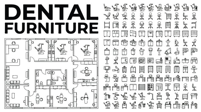 Dental furniture floor plan icons, medical clinic interior design symbols set, professional dentist office layout vector elements for architectural planning