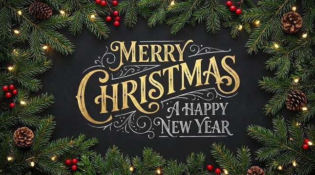 Merry Christmas and happy new year elegant gold and white lettering on dark background surrounded by festive green pine branches with red berries and illuminated with warm lights.