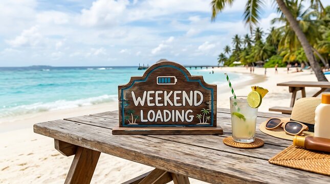 Weekend loading beach vacation sign.