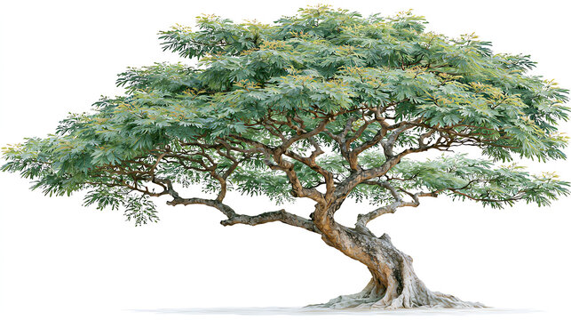 A majestic tree stands proudly against a bright background, showcasing its vibrant green leaves and intricate branches.