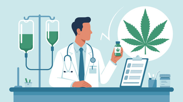 Medical professional holding a cannabis oil bottle in front of a white circle with green marijuana leaf icon.