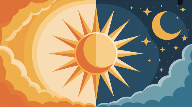 Celestial illustration representing day and night transition with a half sun and half moon against a cloudy sky.