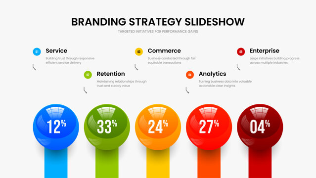 Advertising Campaign Slide Template Vector Illustration. Business Briefing 5 Step Graph Presentation Design. Clean Review Five Element Infographic Slideshow Layout.
