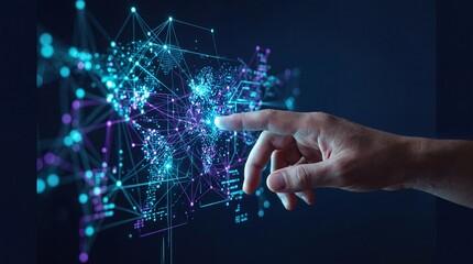 Fototapeta premium Human hand interacting with a glowing digital world map and network interface representing global connectivity and technology