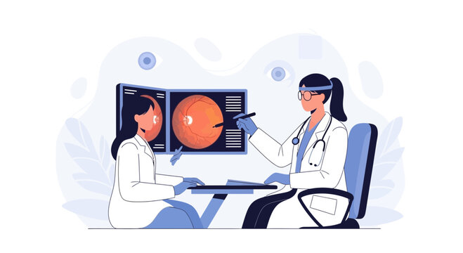 Ophthalmologist examining eye scan with patient, medical consultation, modern flat illustration