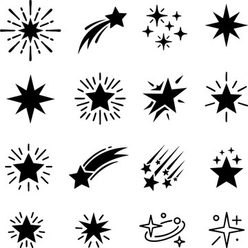 Collection of various black star shapes sparkles and shooting star icons in vector with sparkles
