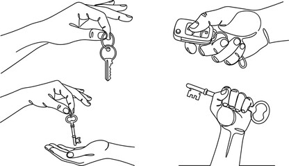 Obraz premium Continuous One Line Drawing of Hands Holding Keys Icon Set with Car Remote, Key Handover, and Fist for Real Estate and Automotive Concepts Vector